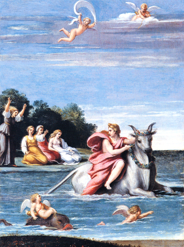 Questa scena mitologica, realizzata dal figlio "naturale" di Agostino nei primi anni romani (1602-1605), è forse una di quelle opere eseguite "per studio", da cui emerge sia la meditazione sulla pittura antica, sia il costante riferimento alle invenzioni di Annibale Carracci negli affreschi della Galleria Farnese.
Costituiva una coppia con il Trionfo di Galatea. Annibale Carracci - Il ratto d'Europa
