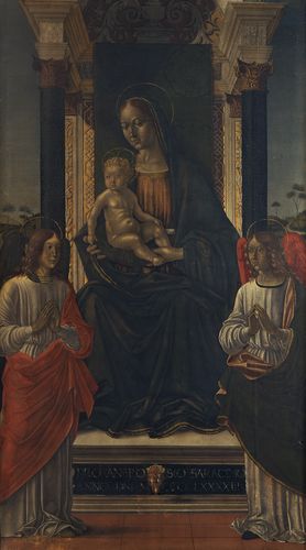 Maestro detto di Ambrogio Saraceno - Madonna in trono con Bambino e due angeli