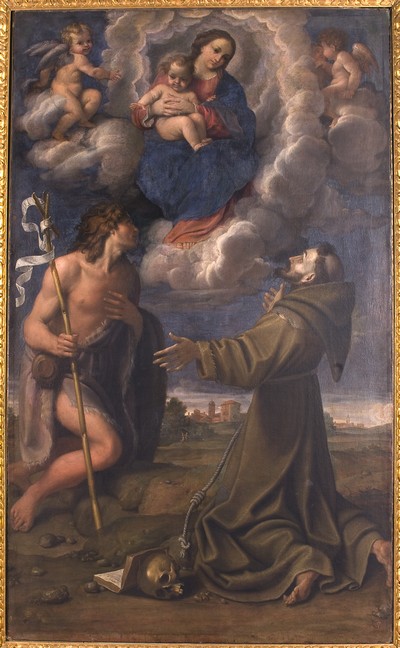 Baldassarre Aloisi detto il Galanino- La Madonna col Bambino in gloria fra angeli, adorata dai santi Francesco e Giovanni Battista